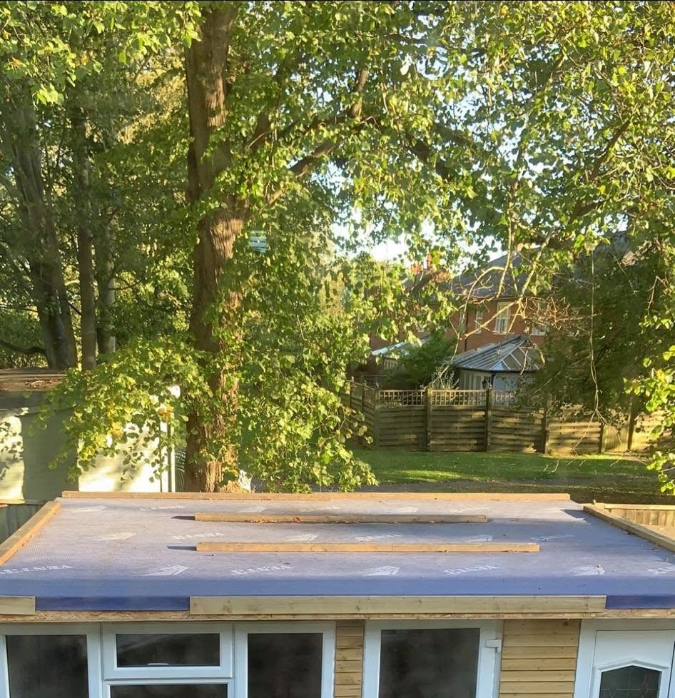 Garden room roof deck prepared before the new felt covering was laid