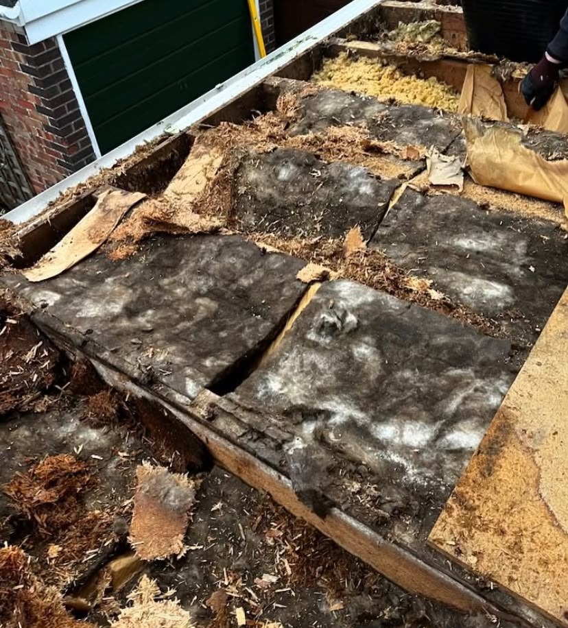Failed garage flat roof stripped back to rotten decking and debris