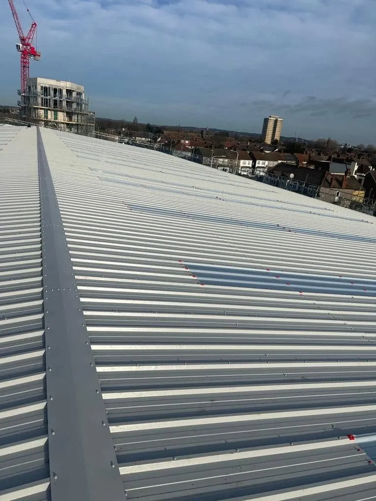 Profiled metal sheet roof installed on a commercial building in Hampshire