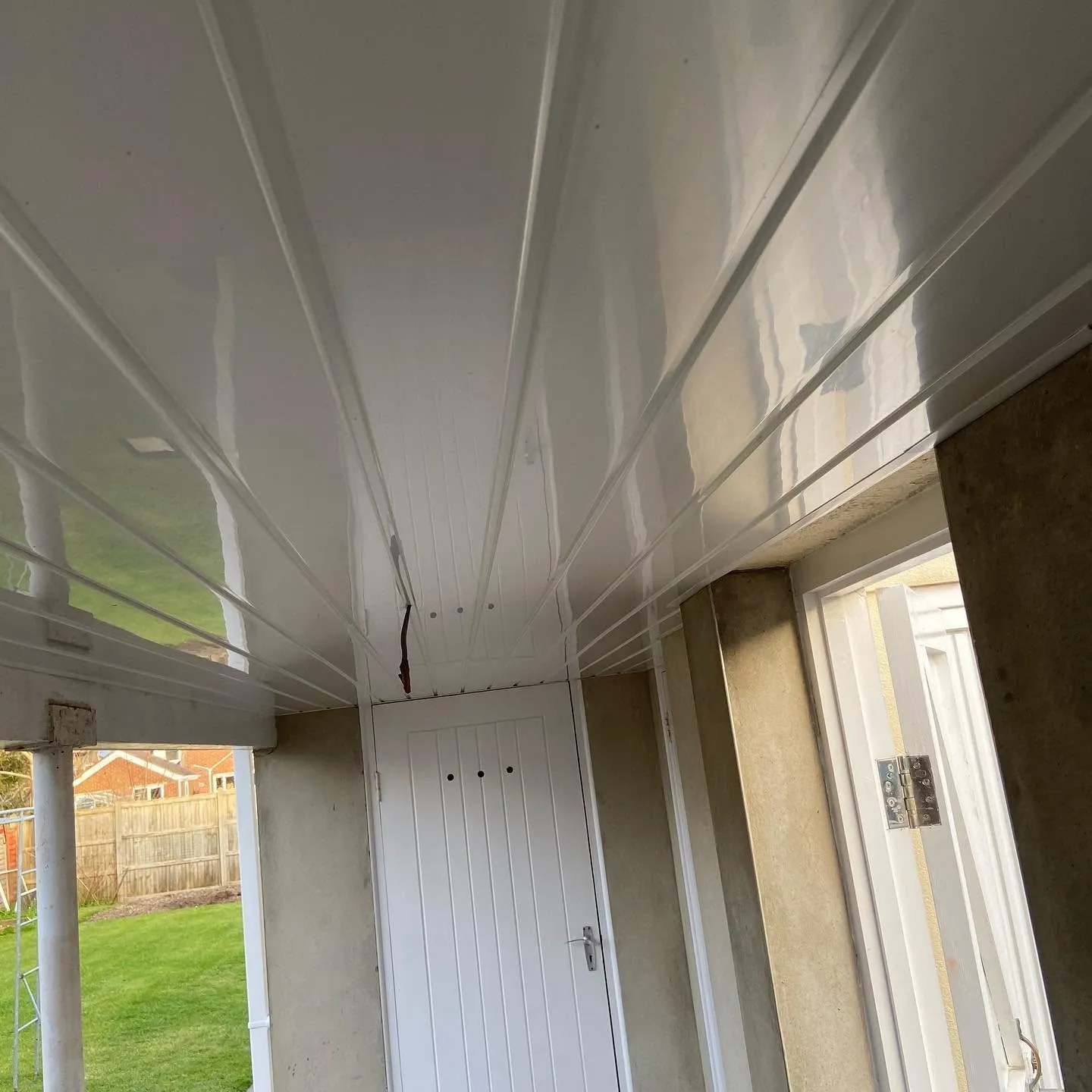 Veranda soffit finished in white uPVC cladding