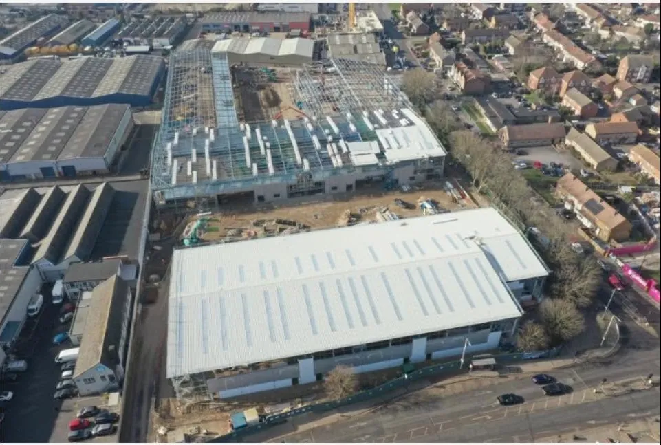 Aerial photograph of a commercial roofing project during construction (1)