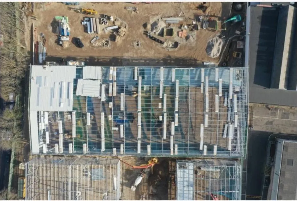 Aerial photograph of a commercial roofing project during construction (2)